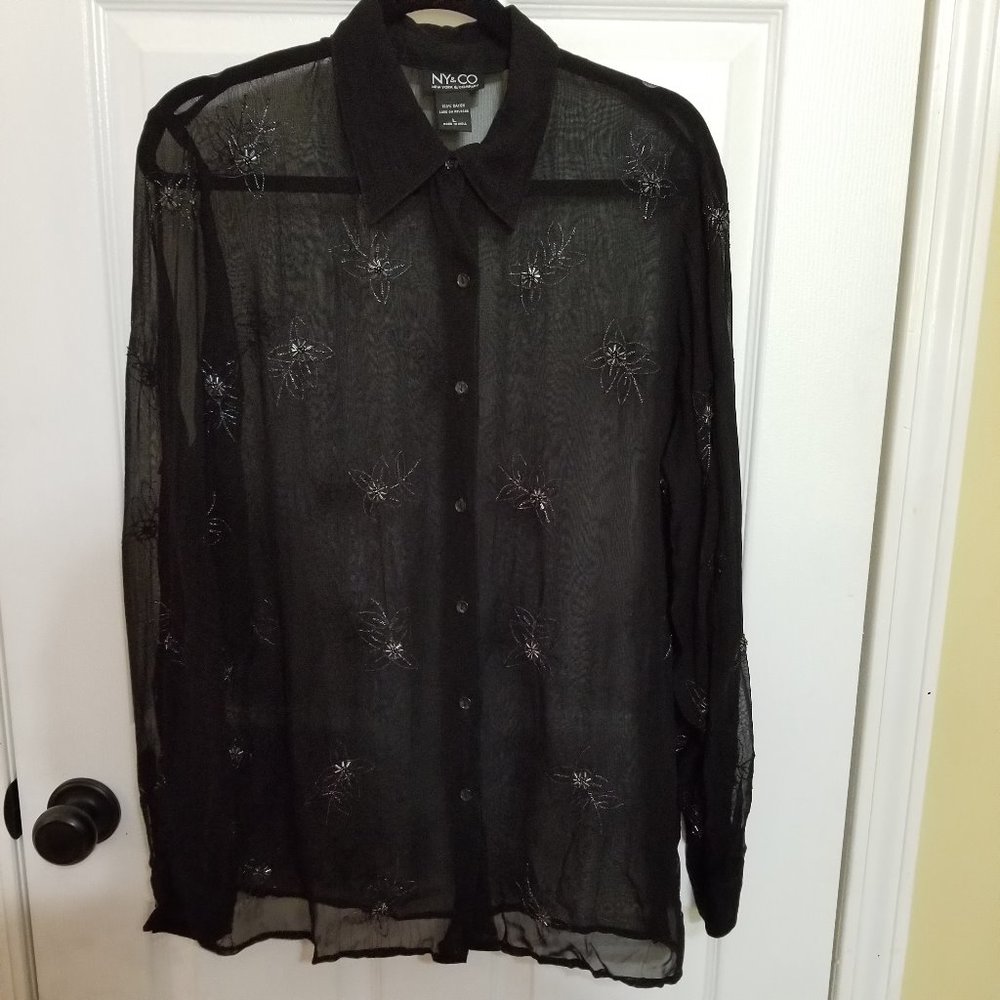 Sheer Long Sleeve Beaded Floral Blouse.